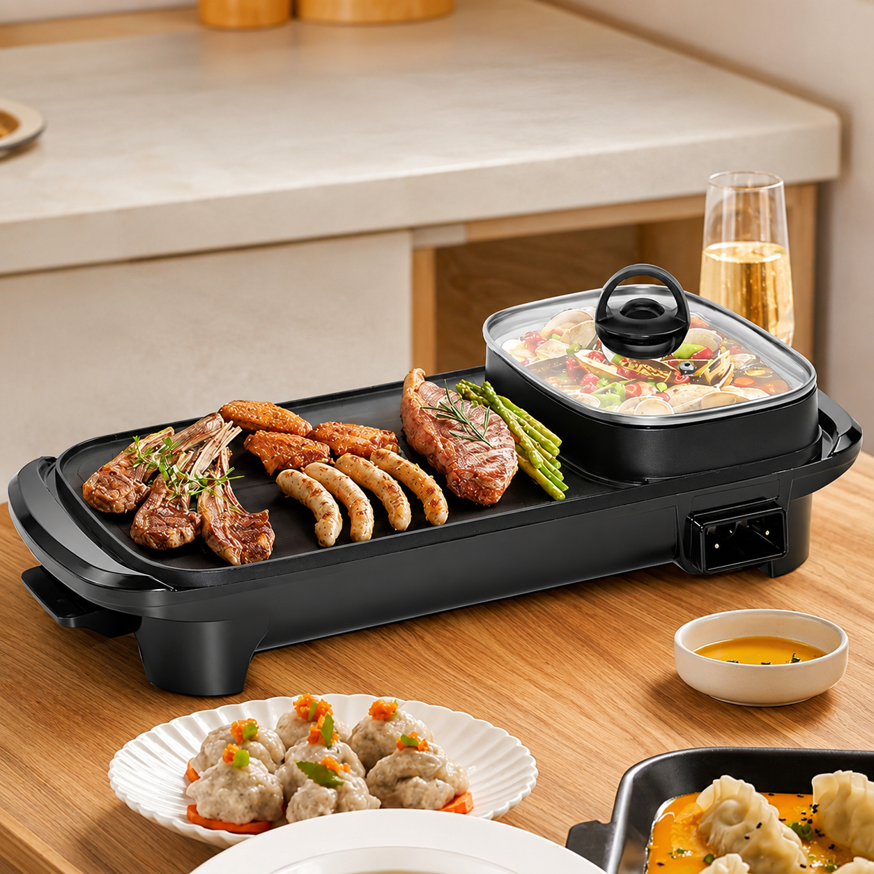 2 in 1 Electric Hot Pot Barbecue Grill Non-Stick Teppanyaki Pan Rectangular Cooker
