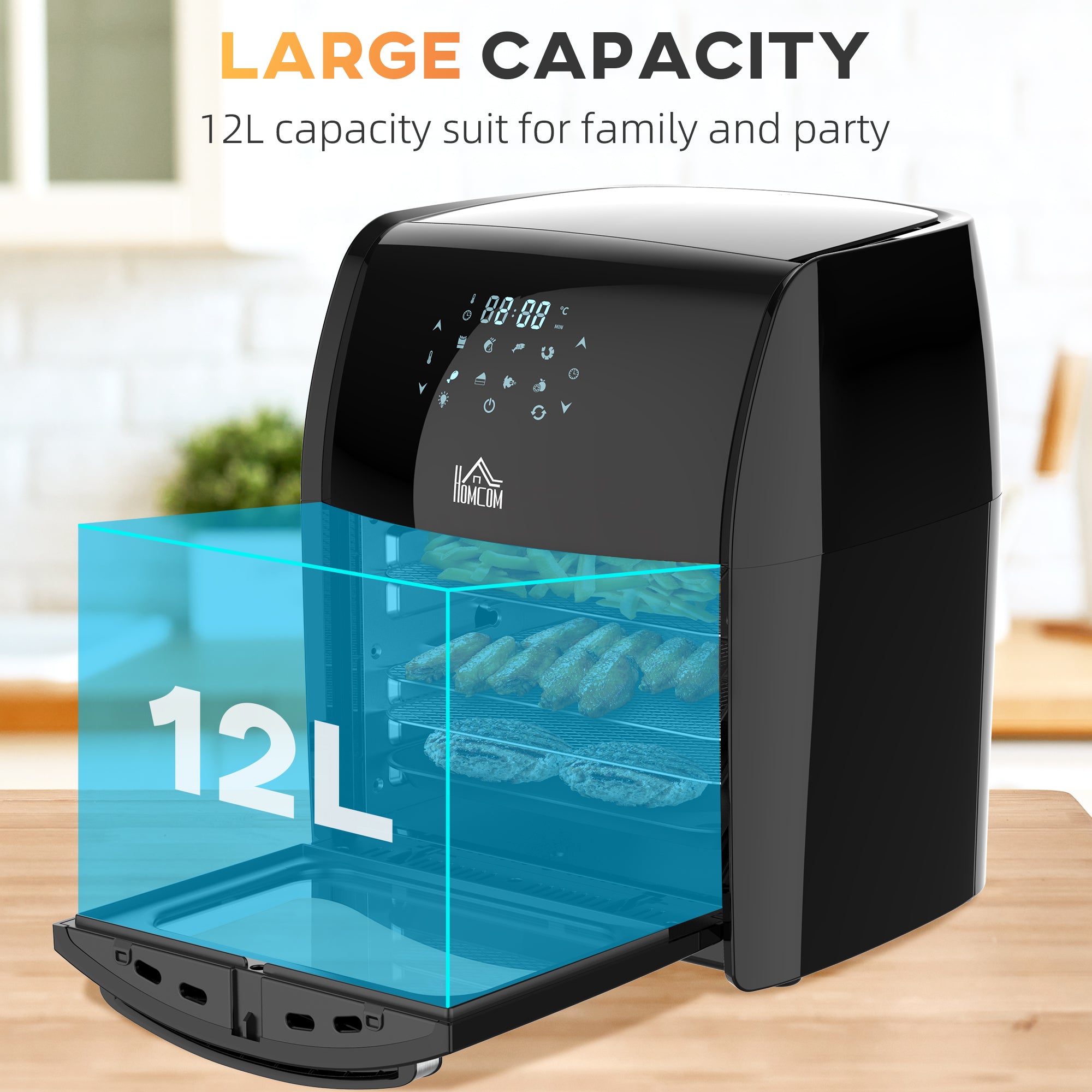 12L 8 In 1 Digital Air Fryer Oven With Roast, Bake, Dehydrate, 8 Preset Modes, Rapid Air Circulation, Timer, Inner Light, Memory Function, 1800W, Dish Wash Accessory, Black